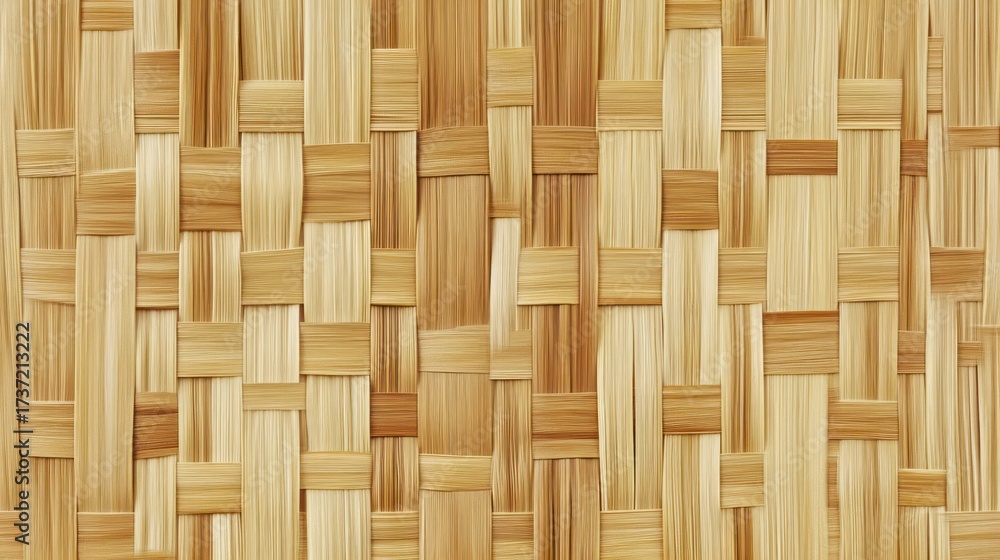Fototapeta premium Close-up of a woven light brown bamboo or rattan surface. Interlocking, square patterns are evident