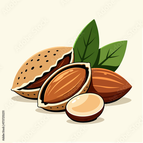 Nutritious Almonds with Shells and Leaves on White Background