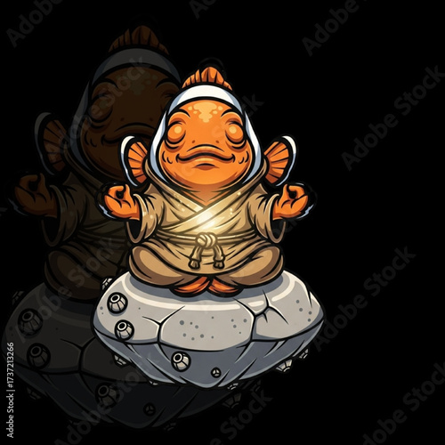 Monk Fish Mascot – Cartoon Aquatic Character Meditating on Floating Tech Rock with Hooded Robe