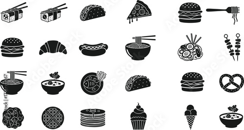 Silhouette of various food items, including sushi, pizza, burger, noodle, and dessert for culinary designs