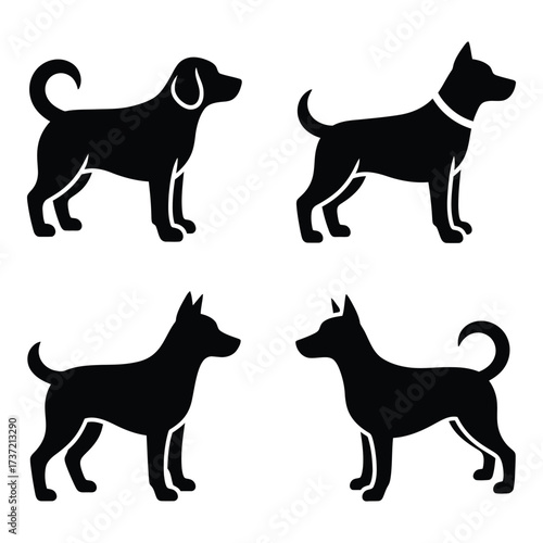 Diverse dog breed silhouettes set four different canine poses and styles for pet lovers silhouette