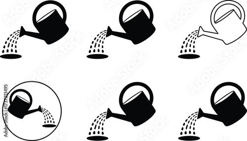 Six Icons of Watering Cans Pouring Water Onto the Ground
