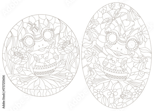 A set of contour illustrations with cute frogs, isolated animals on a white background
