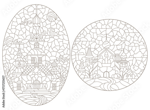 A set of contour illustrations in the style of a stained glass window with an ancient castle and landscape, dark outlines on a white background