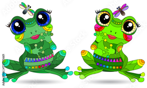 A set of illustrations with cute frogs, isolated animals on a white background