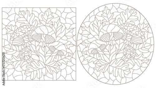 A set of contour illustrations in the style of stained glass with a mushroom composition, dark outlines on a white background