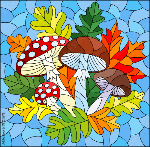 An illustration in the style of a stained glass window with a composition of mushrooms and leaves on a blue background
