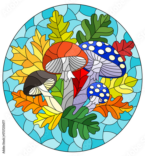An illustration in the style of a stained glass window with a composition of mushrooms and leaves on a blue background