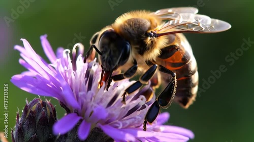 Macro Close Up of a Honeybee Pollinating a Purple Wildflower.