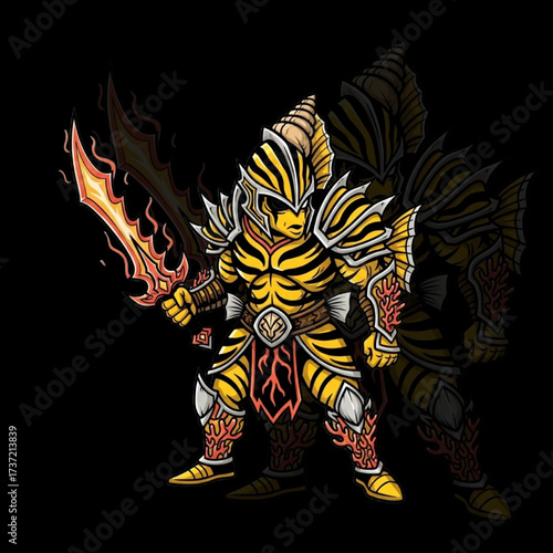 Flame Warrior Mascot – Cartoon Fantasy Fighter in Yellow Armor with Fiery Sword and Horned Helmet