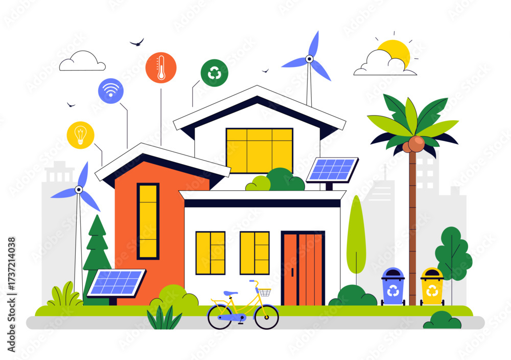 Naklejka premium Eco Friendly Smart Home Devices Vector Illustration Featuring House Automation Controlled via Smartphone with an Integrated System of Electronics