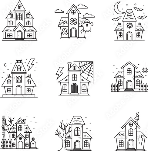 The visual presents a compelling grid of nine distinct, intricately detailed house illustrations. Rendered in a stark black and white outline style, each dwelling evokes a sense of aged grandeur and m