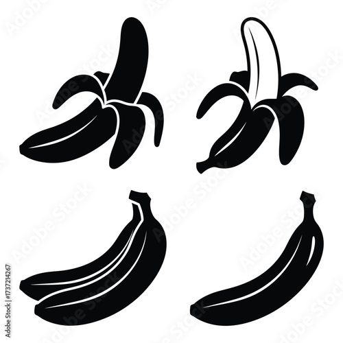 Four silhouette banana images including peeled and whole fruits for design and commercial use silhouette
