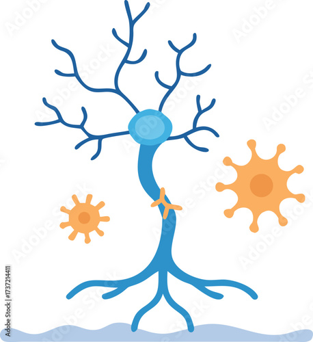 Illustration of neuron cell with dendrites axon and surrounding cells