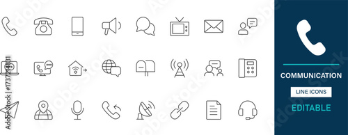 Minimalist line communication icons pack. Email, chat, message, phone, call, video, mic, speaker, network, connect, share, dialogue and editable icons.
