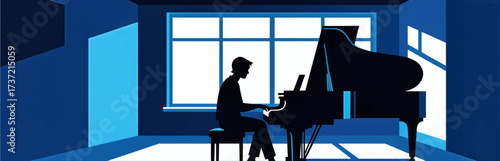 Silhouetted Pianist in Blue Room at Dusk