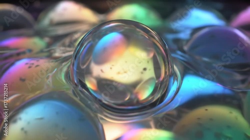 Mesmerizing closeup of a clear liquid bubble surrounded by iridescent colorful spheres creating a vibrant abstract background.
