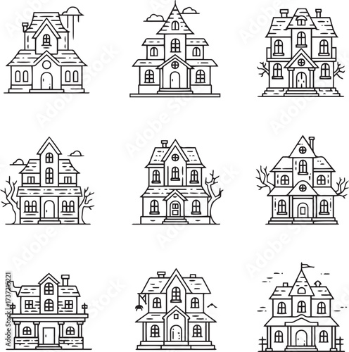 The visual presents a compelling grid of nine distinct, intricately detailed house illustrations. Rendered in a stark black and white outline style, each dwelling evokes a sense of aged grandeur and m