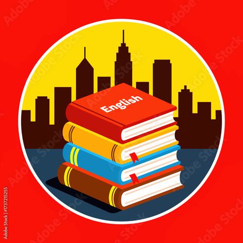 Stack of Books in Cityscape with English Book Topping