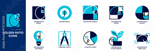 Golden Ratio Building Blue Colored Outline Icon Set