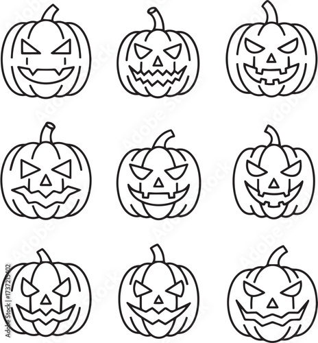  A precise grid display of nine black and white outlined illustrations, showcasing various carved pumpkins, commonly known as Jack-o'-lanterns. 