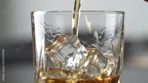 Pouring Golden Whiskey into a Rocks Glass with Ice Cubes.