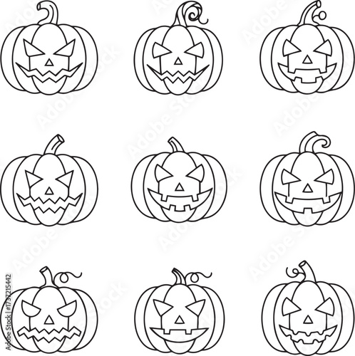  A precise grid display of nine black and white outlined illustrations, showcasing various carved pumpkins, commonly known as Jack-o'-lanterns. 