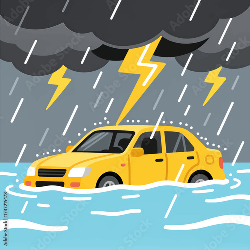 Stormy Flooded Road with Yellow Car