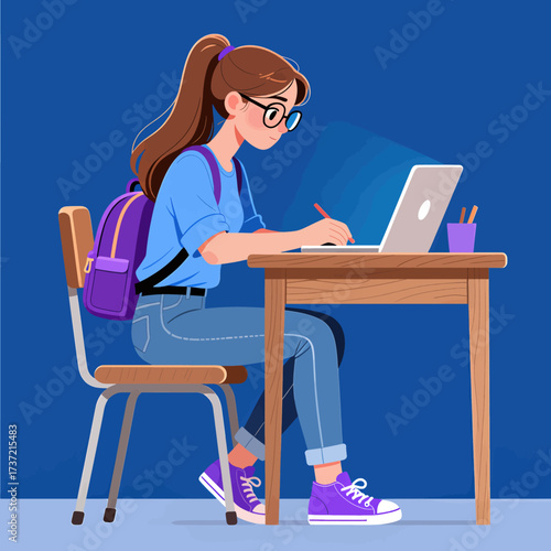 Student Studying at Desk with Laptop and Backpack in Blue Room