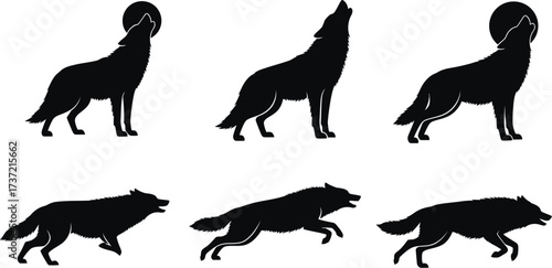 Silhouette of wolf howling at the moon in different poses, including standing, running, and jumping