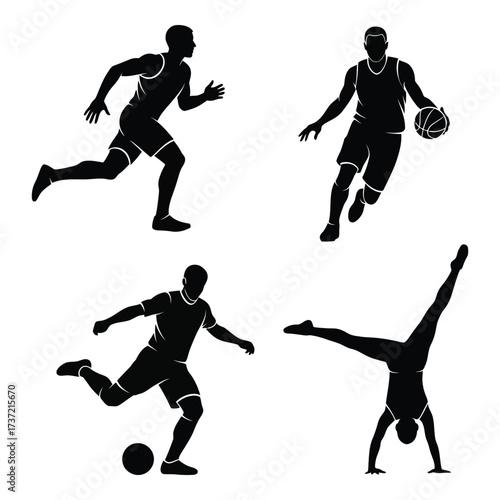 Dynamic sports silhouettes set capturing athletes in motion soccer basketball runner and acrobat poses silhouette