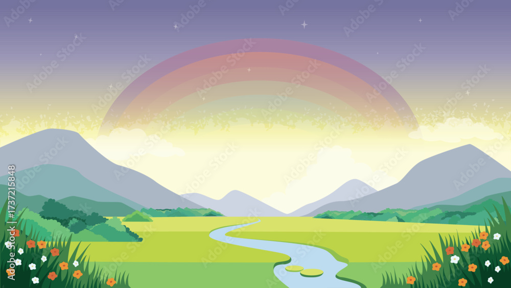 Fototapeta premium Vibrant Rainbow Over Grass Field in Nature