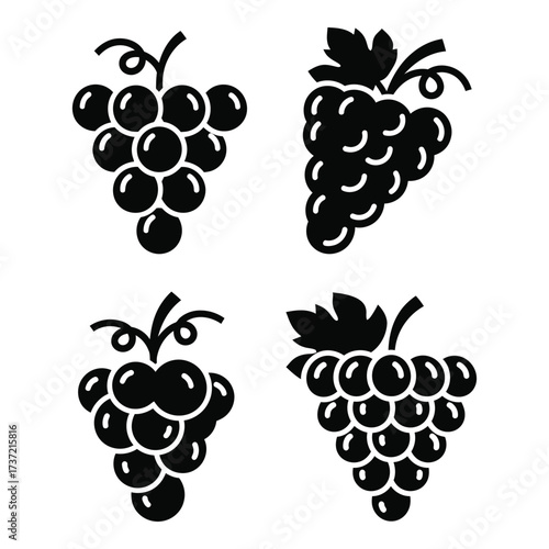 Elegant black silhouette grape clusters four piece design fruit food harvest vineyard produce organic healthy sweet juicy silhouette