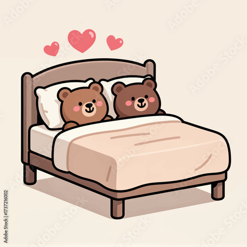 Two Bears in Bed with Hearts