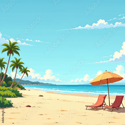 Tropical Beach Serenity: Sun Loungers, Palm Trees, Clear Sky