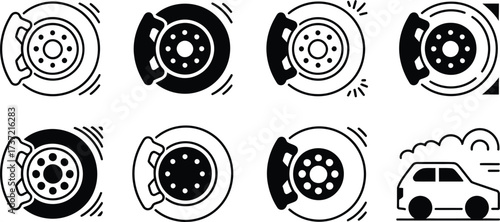 Car Brake Disc Icons and Vehicle Illustration