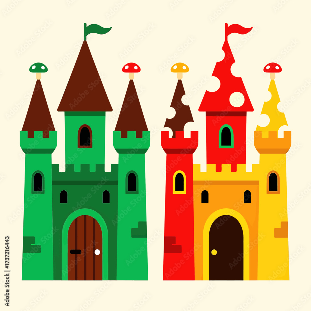 Fototapeta premium Whimsical Castles with Mushrooms and Flags in Fantasy Setting