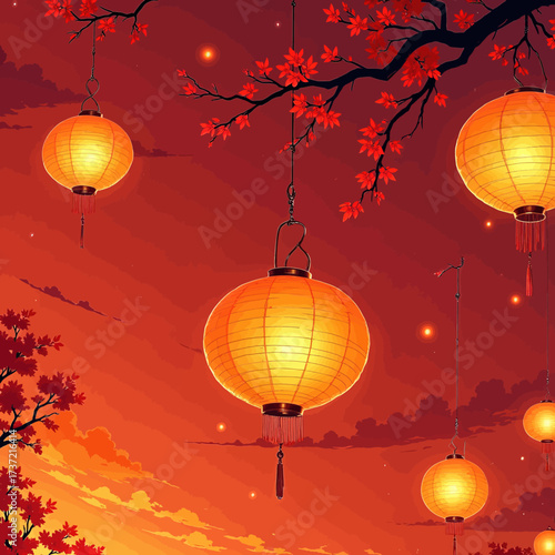 Warm Sunset Lanterns in Autumnal Blossoms