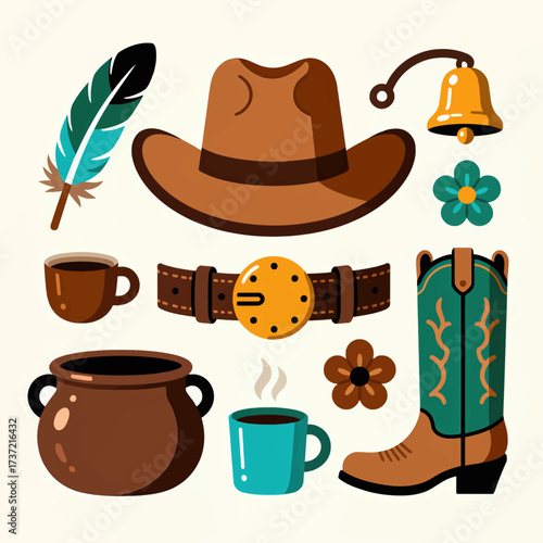 Western Lifestyle Icons: Cowboy Hat, Boots, Coffee, and Nature Elements