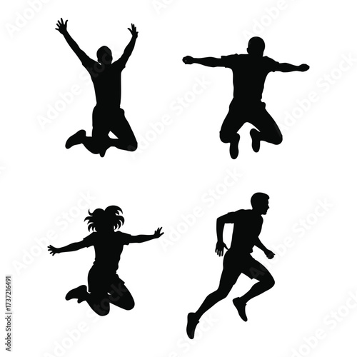 Dynamic silhouette figures showcasing joyful jumps and energetic running poses silhouette