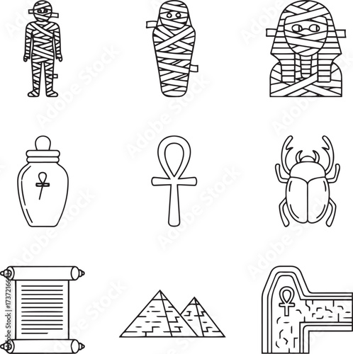 A collection of nine black and white outline icons representing elements of ancient Egyptian culture and history. 