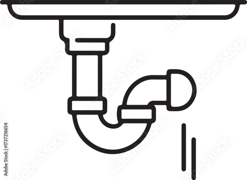 Simple line art illustration of a leaking sink drain pipe and p trap
