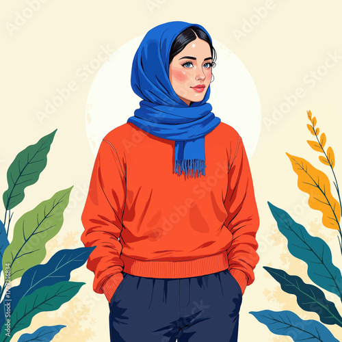 Young Woman in Blue Hijab and Red Sweater Among Autumn Leaves