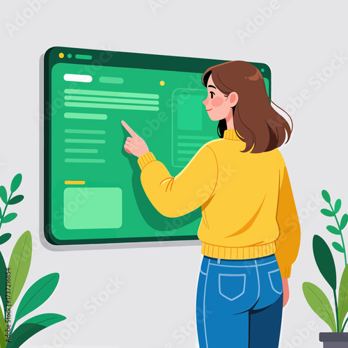 Young Woman Interacting with Digital Interface in Modern Office Setting