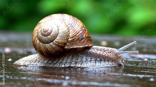 Snail Slowly Crawling Across Wet Surface in Natural Environment.