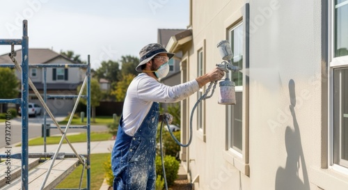 Man on scaffolding using paint sprayer to paint the exterior of a house with windows and residential area