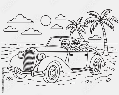 Couple Cruising in Convertible on Beach Classic Vintage Cars on the Beach – Retro Outline Vector Design Hand-Drawn Vintage Car Sketch – Summer Retro Car Collection