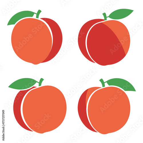 Four stylized peaches with green leaves fresh fruit icons healthy food graphics for digital and print use silhouette