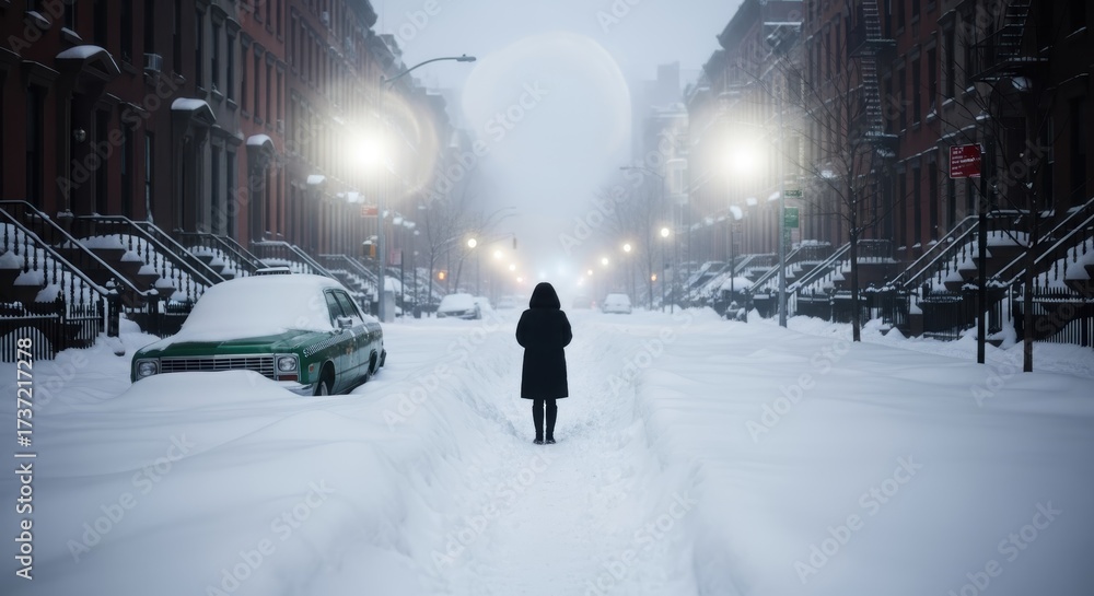 Fototapeta premium A woman in black coat standing on a snowy street with cars and buildings covered in snow during winter time