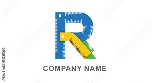 A flat vector abstract letter R construction logo shaped with measuring ruler elements